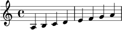 \relative c' { \key a \minor a4 b c d e f g a }