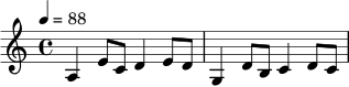 \relative c' {
\time 4/4
\tempo 4 = 88
a4 e'8 c d4 e8 d |
g,4 d'8 b c4 d8 c |
}