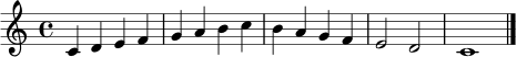\relative c' {
\clef treble
\key c \major
\time 4/4
c4 d e f | g a b c | b a g f | e2 d | c1 \bar "|."
}
