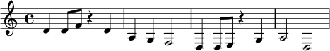 
\relative c' {
  \time 4/4
  d4 d8 f8 r4 d4 |
  a4 g4 f2 |
  d4 d8 e8 r4 g4 |
  a2 d,2 |
}
