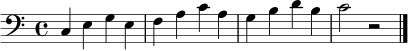 \relative c {
\clef bass
\time 4/4
c4 e g e | f a c a | g b d b | c2 r2 \bar "|."
}
