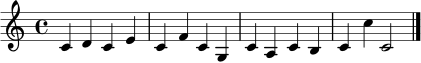 \relative c' { \set Staff.midiInstrument = "acoustic grand" \key c \major \time 4/4 c4 d c e | c f c g | c a c b | c c' c,2 \bar "|." }
