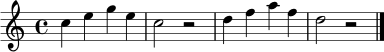\relative c'' { \set Staff.midiInstrument = "trumpet" \time 4/4 c4 e g e | c2 r | d4 f a f | d2 r \bar "|." }