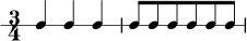 
\new RhythmicStaff {
  \time 3/4
  c4 c c | c8 c c c c c |
}
