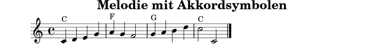 
X:12
T:Melodie mit Akkordsymbolen
M:4/4
L:1/4
K:C
"C"C D E G | "F"A G F2 | "G"G A B d | "C"c2 C2 |]
