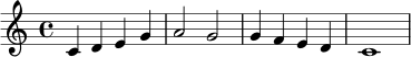\relative c' { \clef treble \key c \major \time 4/4 c4 d e g | a2 g2 | g4 f e d | c1 }