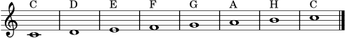 \language "deutsch"
\score {
\new Staff \with { \remove "Time_signature_engraver" } {
\clef treble
\key c \major
c'1^\markup { C }
d'1^\markup { D }
e'1^\markup { E }
f'1^\markup { F }
g'1^\markup { G }
a'1^\markup { A }
h'1^\markup { H }
c''1^\markup { C }
\bar "|."
}
\layout { ragged-right = ##t }
\midi { \tempo 4 = 70 }
}