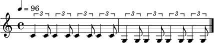 \language "english"
\relative c' {
\time 4/4
\tempo 4 = 96
\repeat unfold 4 { \tuplet 3/2 { c4 c8 } } |
\repeat unfold 4 { \tuplet 3/2 { g4 g8 } } \bar "|."
}
