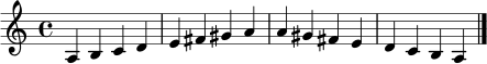 \relative c' { \clef treble \key a \minor \time 4/4 a4 b c d | e fis gis a | a gis fis e | d c b a \bar "|." }