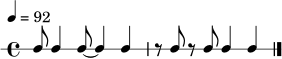 \new RhythmicStaff {
\time 4/4
\tempo 4 = 92
c8 c4 c8~ c4 c4 | r8 c8 r8 c8 c4 c4 \bar "|."
}