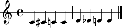 \relative c' {
\clef treble
\time 4/4
c4 cis c! c | d des d! d
\bar "|."
}