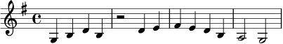 
\relative c' {
  \key g \major
  \time 4/4
  g4 b d b |
  r2 d4 e |
  fis4 e d b |
  a2 g2 |
}

