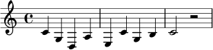 \relative c' { \clef treble \key c \major \time 4/4 c4 g d a' | e c' g b | c2 r2 | }