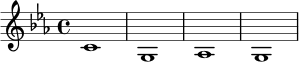 \relative c' {
\key c \minor
\time 4/4
c1 | g1 | aes1 | g1 |
}