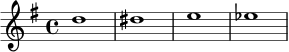 \relative c'' {
\key g \major
\time 4/4
d1 |
dis1 |
e1 |
ees1 |
}