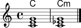 \version "2.24.0"
\header { tagline = ##f }
\score {
<<
\new ChordNames \chordmode { c1 c:m }
\new Staff \relative c' {
\clef treble
\time 4/4
<c e g>1 | <c es g>1 \bar "|."
}
>>
\layout { indent = 0\mm }
\midi { \tempo 4 = 72 }
}