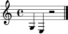 \relative c' { \clef treble \time 4/4 g4 e4 r2 \bar "|." }