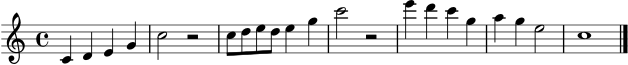 \score {
\new Staff \relative c' {
\clef treble
\key c \major
\time 4/4
c4 d e g | c2 r2 |
c8 d e d e4 g | c2 r2 |
e4 d c g | a g e2 | c1 \bar "|."
}
\layout { }
\midi { \tempo 4 = 104 }
}