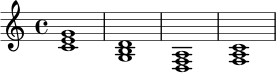 \relative c' {
\key c \major
\time 4/4
<c e g>1 |
<g b d>1 |
<d f a>1 |
<f a c>1 |
}