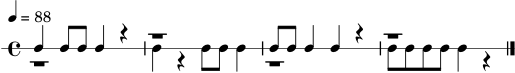 \version "2.18.2"
\paper { tagline = ##f }
\score {
\new RhythmicStaff <<
\new Voice = "call" { \voiceOne \time 4/4 \tempo 4 = 88 c4 c8 c8 c4 r4 | r1 | c8 c8 c4 c4 r4 | r1 \bar "|." }
\new Voice = "response" { \voiceTwo r1 | c4 r4 c8 c8 c4 | r1 | c8 c8 c8 c8 c4 r4 \bar "|." }
>>
\layout { }
\midi { \tempo 4 = 88 }
}