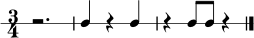 
\new RhythmicStaff {
  \time 3/4
  r2. |
  c4 r4 c4 |
  r4 c8 c8 r4 |
  \bar "|."
}
