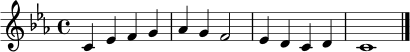 
\relative c' {
\key c \minor
\time 4/4
c4 ees f g |
aes4 g f2 |
ees4 d c d |
c1 \bar "|."
}
