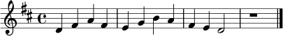 \relative d' {
\key d \major
\time 4/4
d4 fis a fis | e4 g b a | fis4 e d2 | r1 \bar "|."
}