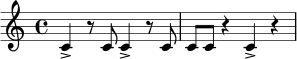 \relative c' {
\time 4/4
c4-> r8 c c4-> r8 c |
c8 c r4 c4-> r4 |
}