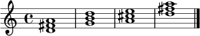 \transpose c d \relative c' {
\clef treble
\time 4/4
<c e g>1
<f a c>1
<g b d>1
<c e g>1
\bar "|."
}