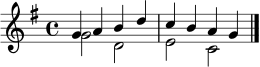 \relative c'' {
\key g \major
\time 4/4
<<
{ g4 a b d | c4 b a g | }
\\
{ g2 d | e2 c | }
>>
\bar "|."
}
