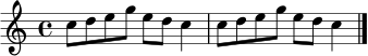 \relative c'' { \time 4/4 \key c \major c8 d e g e d c4 | c8 d e g e d c4 \bar "|." }