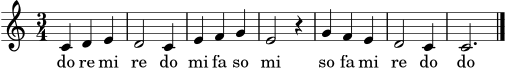 \version "2.24.0"
melodie = \relative c' {
\clef treble
\key c \major
\time 3/4
\autoBeamOff
c4 d e | d2 c4 | e f g | e2 r4 | g4 f e | d2 c4 | c2. \bar "|."
}
silben = \lyricmode { do re mi re do mi fa so mi so fa mi re do do }
\score {
<<
\new Voice = "melodie" { \melodie }
\new Lyrics \lyricsto "melodie" { \silben }
>>
\layout { }
\midi { \tempo 4 = 88 }
}