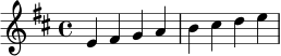 
\relative c' {
  \clef treble
  \key d \major
  \time 4/4
  e4 fis g a | b cis d e |
}
