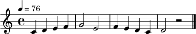
\relative c' {
  \clef treble
  \key c \major
  \time 4/4
  \tempo 4 = 76
  c4 d e f | g2 e | f4 e d c | d2 r2 \bar "|."
}
