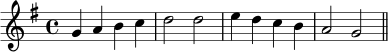 
\transpose c g \relative c' {
  \key c \major
  \time 4/4
  c4 d e f | g2 g | a4 g f e | d2 c | \bar "||"
}

