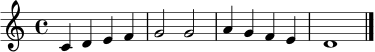 \relative c' { \clef treble \time 4/4 c4 d e f | g2 g | a4 g f e | d1 \bar "|." }