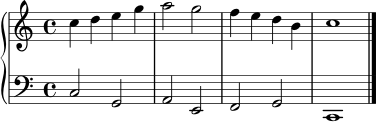 \paper { indent = 0 }
\header { tagline = ##f }
rechts = \relative c'' { \clef treble \key c \major \time 4/4 c4 d e g | a2 g | f4 e d b | c1 \bar "|." }
links = \relative c { \clef bass \key c \major \time 4/4 c2 g | a2 e | f2 g | c,1 \bar "|." }
\score {
\new PianoStaff <<
\new Staff = "rechts" \rechts
\new Staff = "links" \links
>>
\layout { }
\midi { \tempo 4 = 88 }
}