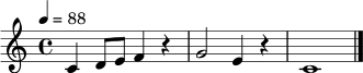 \relative c' {
\clef treble
\tempo 4 = 88
\time 4/4
c4 d8 e f4 r | g2 e4 r | c1 \bar "|."
}