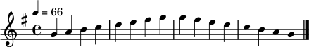 \relative g' {
\clef treble
\key g \major
\time 4/4
\tempo 4 = 66
g4 a b c |
d e fis g |
g fis e d |
c b a g \bar "|."
}