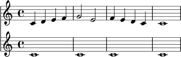 
\version "2.24.0"
\score {
<<
\new Staff {
\relative c' {
\time 4/4
\key c \major
c4 d e f | g2 e2 | f4 e d c | c1 |
}
}
\new Staff {
\relative c' {
\time 4/4
\key c \major
c1 | c1 | c1 | c1 |
}
}
>>
\layout { }
\midi { }
}
