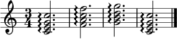 \relative c' { \time 3/4 \key c \major \set Staff.midiInstrument = "orchestral harp" <c e g c>2.\arpeggio | <f a c f>2.\arpeggio | <g b d g>2.\arpeggio | <c, e g c>2.\arpeggio \bar "|." }