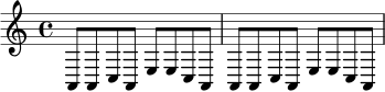 
\relative c {
  \time 4/4
  a8 a c a e' e c a |
  a8 a c a e' e c a |
}
