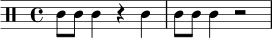 
\relative c' {
\clef percussion
\time 4/4
c8 c c4 r4 c4 | c8 c c4 r2
}
