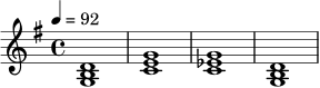 
\relative c' {
  \key g \major
  \time 4/4
  \tempo 4 = 92
  <g b d>1 |
  <c e g>1 |
  <c ees g>1 |
  <g b d>1 |
}
