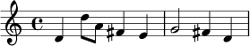 \relative c' {
\time 4/4
d4 d'8 a fis4 e | g2 fis4 d |
}