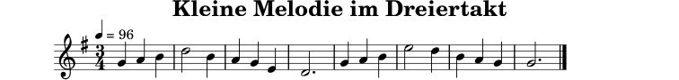 
X:4
T:Kleine Melodie im Dreiertakt
M:3/4
L:1/4
Q:1/4=96
K:G
G A B | d2 B | A G E | D3 | G A B | e2 d | B A G | G3 |]
