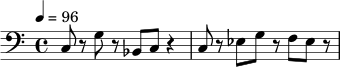\relative c {
\clef bass
\tempo 4 = 96
\time 4/4
c8 r8 g'8 r8 bes,8 c8 r4 |
c8 r8 ees8 g8 r8 f8 ees8 r8 |
}