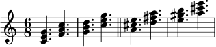 \relative c' {
\time 6/8
<c e g>4. <f a c> |
<g b d>4. <c e g> |
\bar "||"
<a cis e>4. <d fis a> |
<e gis b>4. <a cis e> |
}