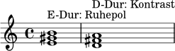 \relative c' {
\time 4/4
<e gis b>1^\markup { "E-Dur: Ruhepol" } |
<d fis a>1^\markup { "D-Dur: Kontrast" } |
}