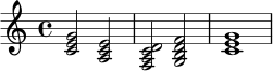 
\relative c' {
  \time 4/4
  <c e g>2 <a c e>2
  <f a c d>2 <g b d f>2
  <c e g>1
}
